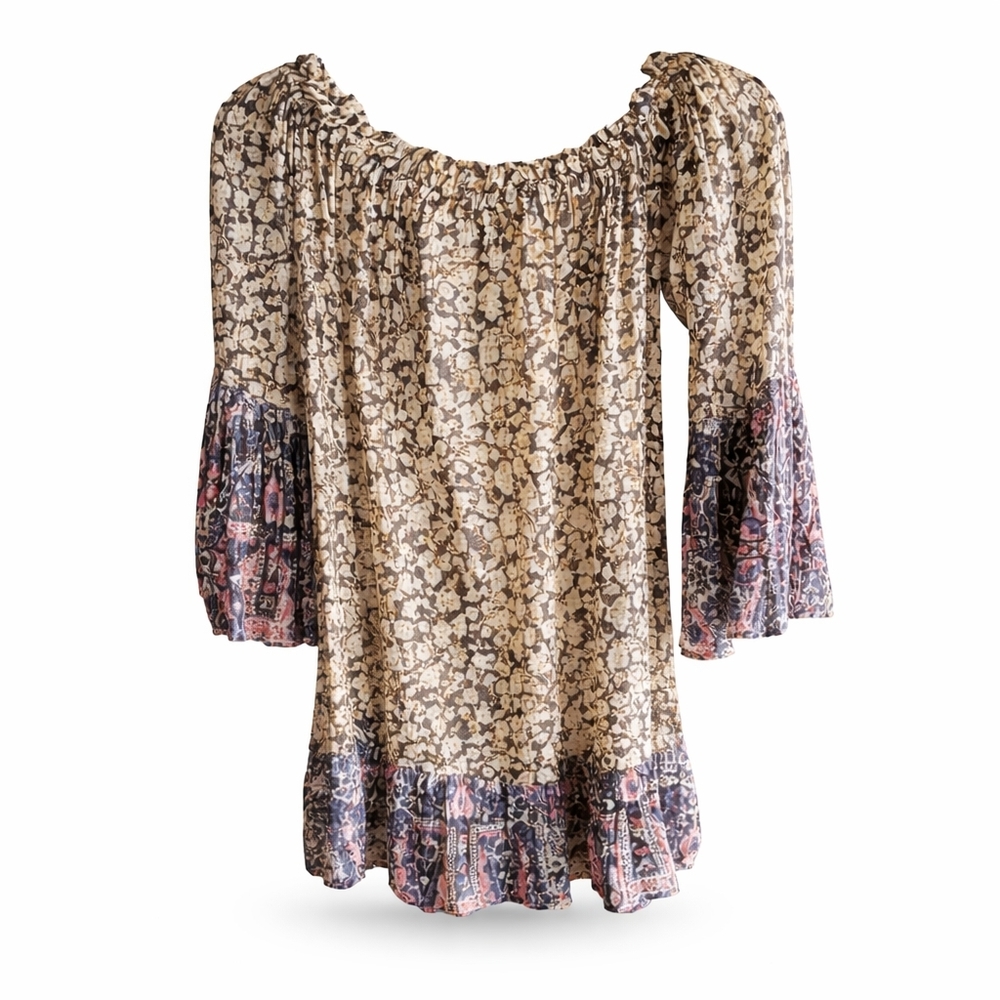 J Gee Boho Off The Shoulder Blouse Bell Sleeve Floral Paisly Phesant Sz.S Chic - Picture 5 of 12